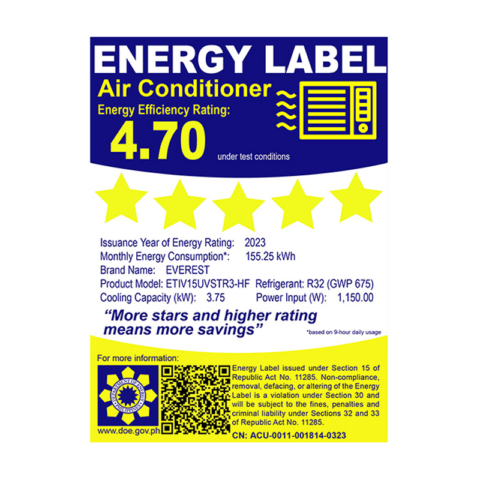 Everest ETIV15UVSTR3-HF 1.5 HP Split-type Airconditioner - Image 2