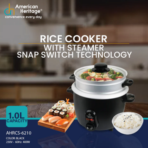 American Heritage AHRCS-6210 1.0 Liter Rice Cooker With Steamer - Image 3