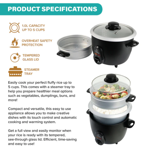 American Heritage AHRCS-6210 1.0 Liter Rice Cooker With Steamer - Image 4