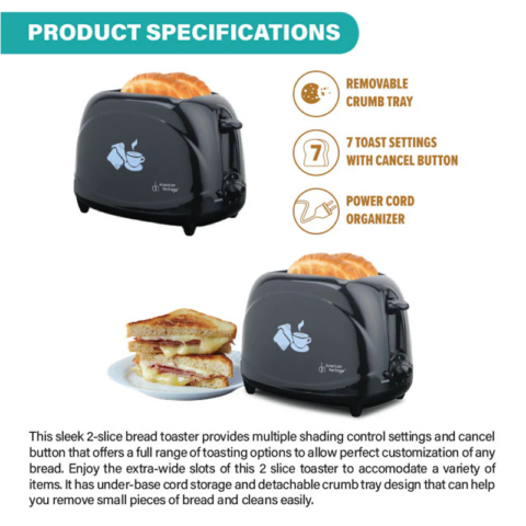 American Heritage HEBT-6031 2-Slice Bread Toaster - Image 6