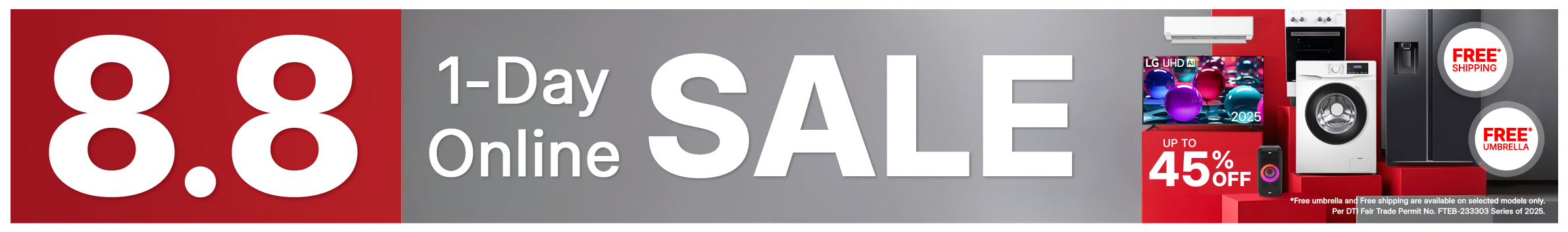 8.8 Ansons.ph 1-Day Online Sale banner with appliances and promotional text about up to 45% off, free shipping, and a free umbrella.