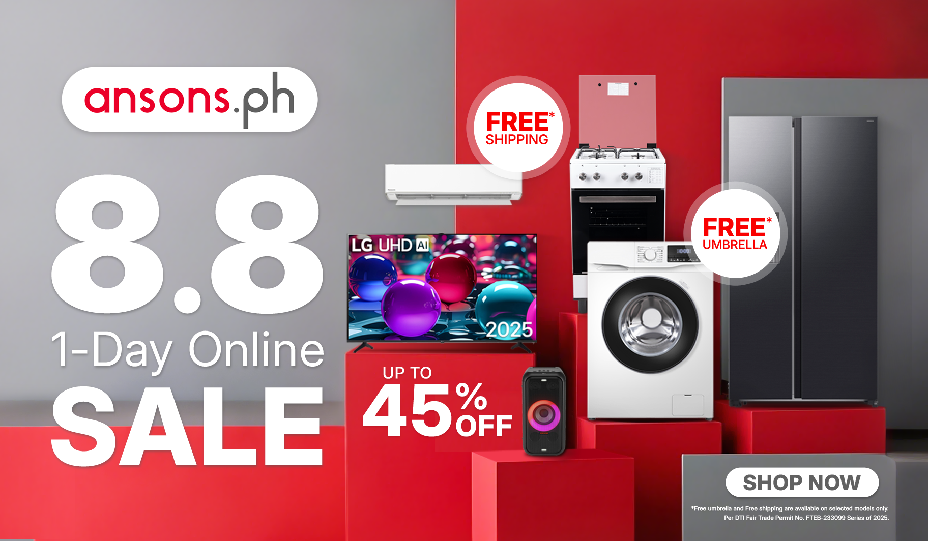 8.8 Ansons.ph 1-Day Online Sale banner with appliances and promotional text about up to 45% off, free shipping, and a free umbrella.