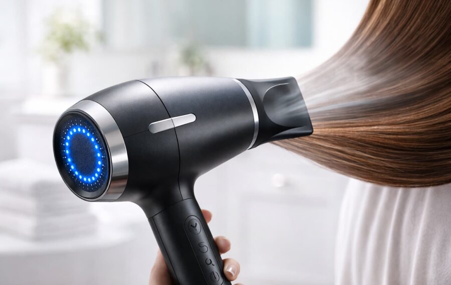 Blow drying in a modern bathroom Blow drying in a modern bathroom
