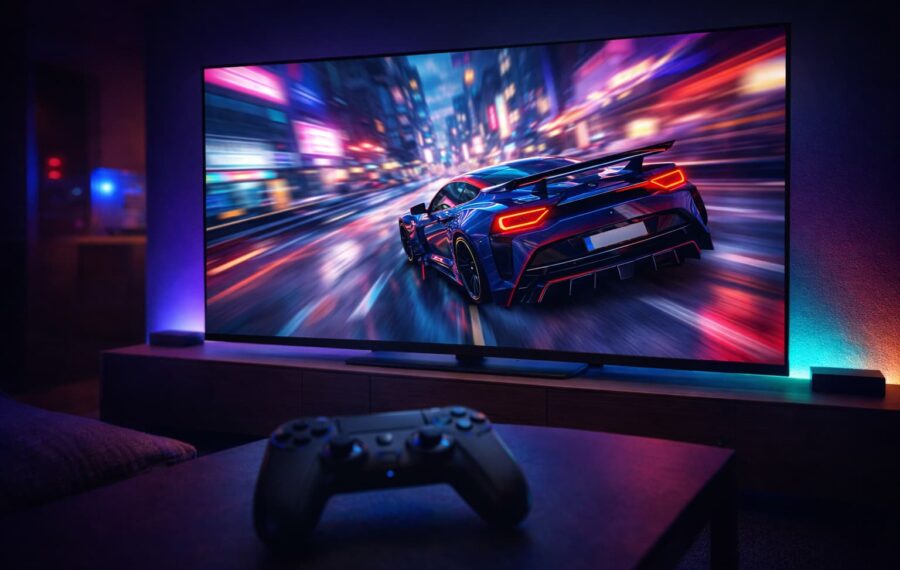 Futuristic racing game in neon glow Futuristic racing game in neon glow