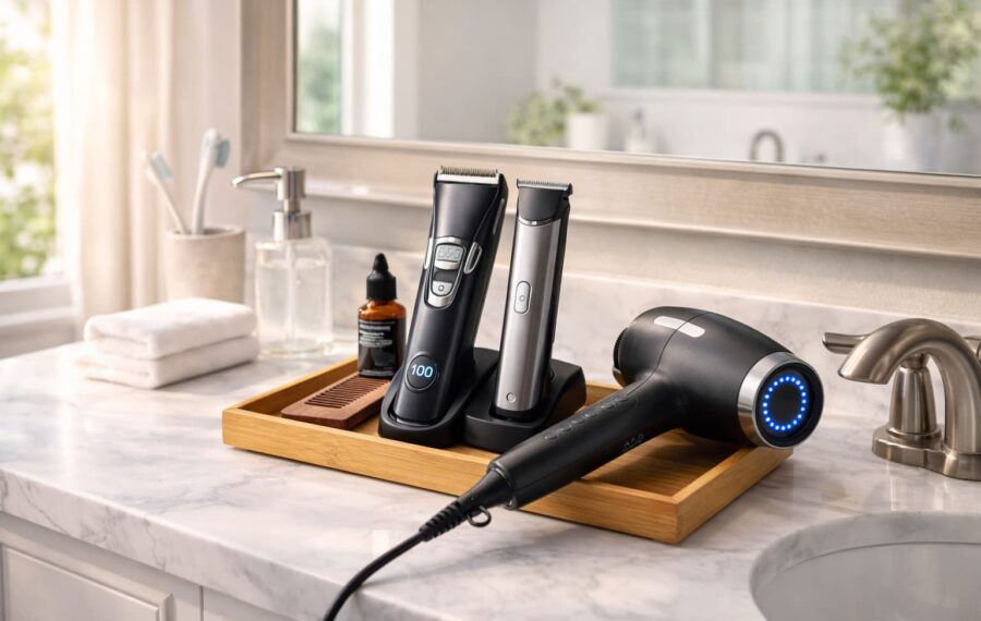 Morning grooming essentials on a marble vanity Morning grooming essentials on a marble vanity