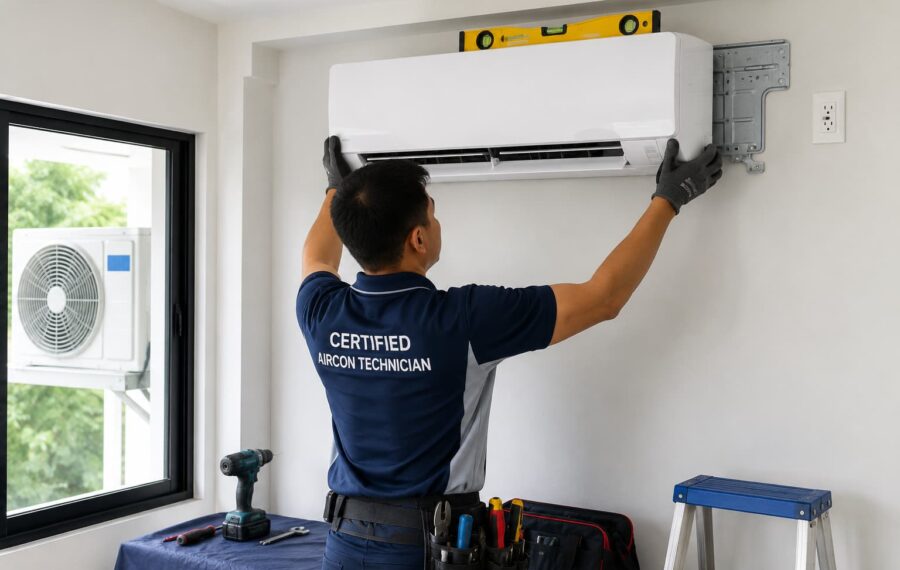 Air conditioner installation in progress Air conditioner installation in progress