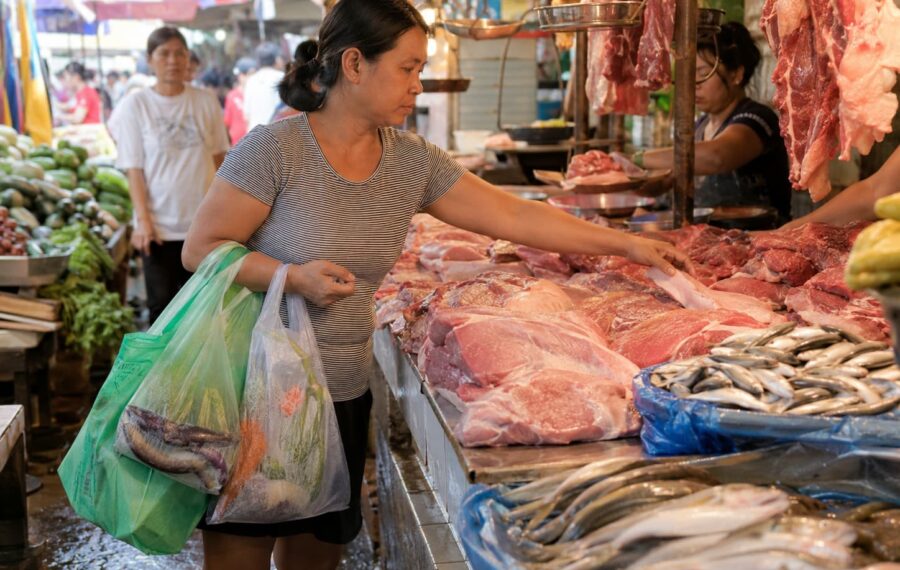 Busy market scene with fresh produce and meat