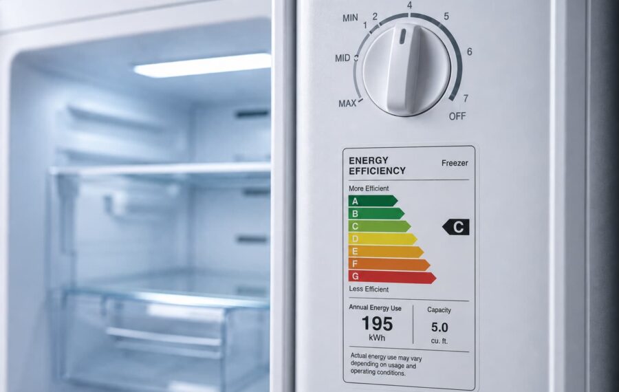 Modern freezer with energy label and temperature dial Modern freezer with energy label and temperature dial