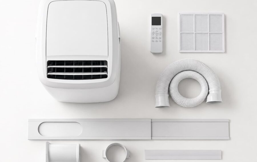 Portable air conditioner and accessories flat lay Portable air conditioner and accessories flat lay