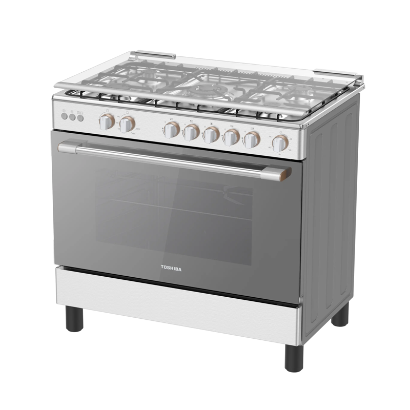 Toshiba freestanding gas range with five burners, glass lid, and silver finish with rose gold accents