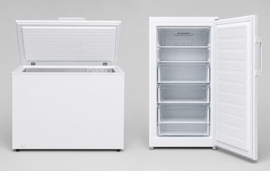 White freezers in clean studio setup White freezers in clean studio setup