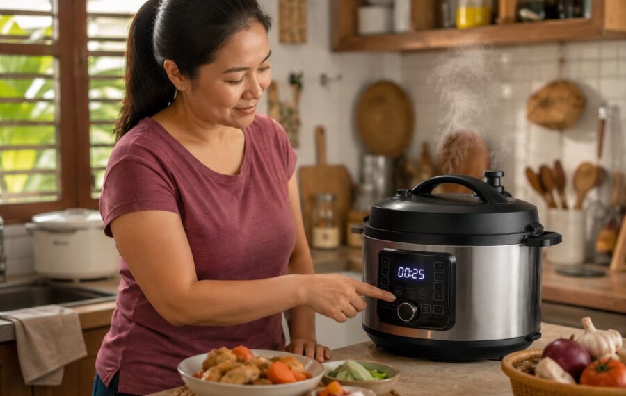 Woman using pressure cooker in cozy kitchen